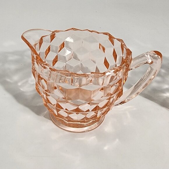 Pink Depression Glass Creamer Sugar Bowl Set Diamond Pattern Handles - Picture 2 of 10